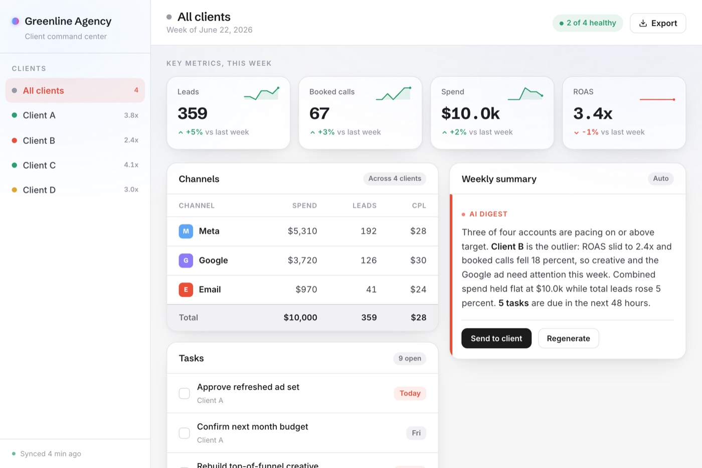 Agency command center, multi-client dashboard
