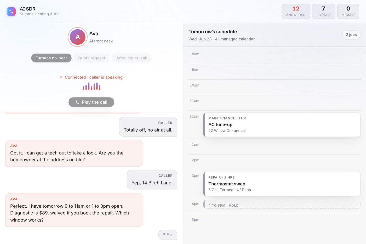 AI SDR, a live AI phone call booking a job on the calendar