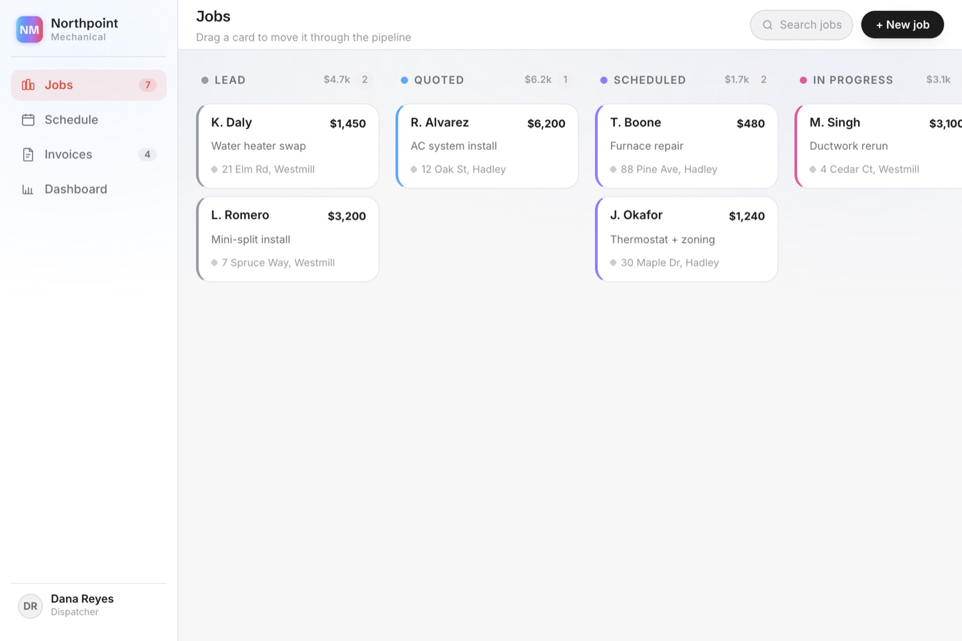 Field-service CRM, job pipeline from lead to paid