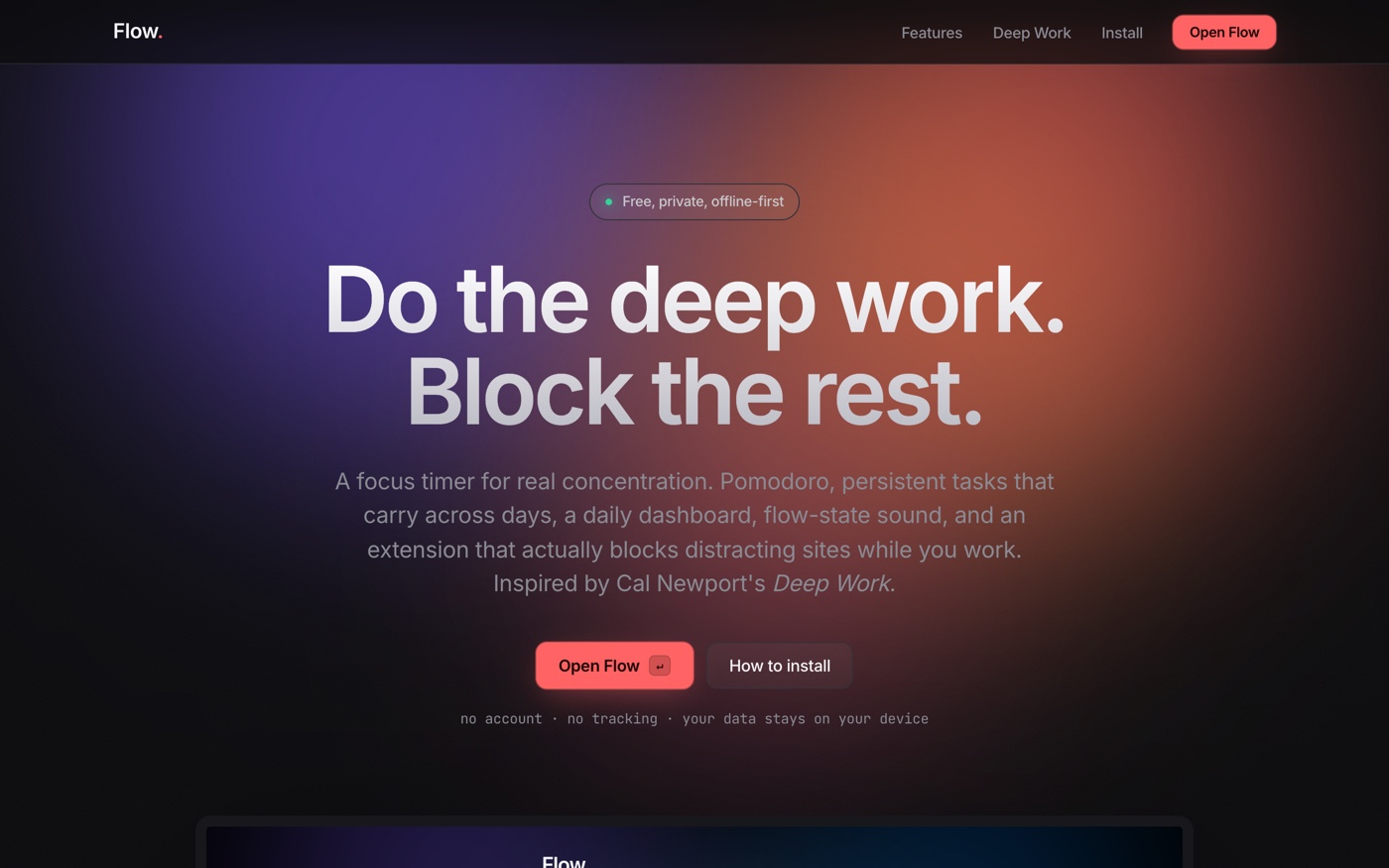 GoFlow, deep work timer landing page