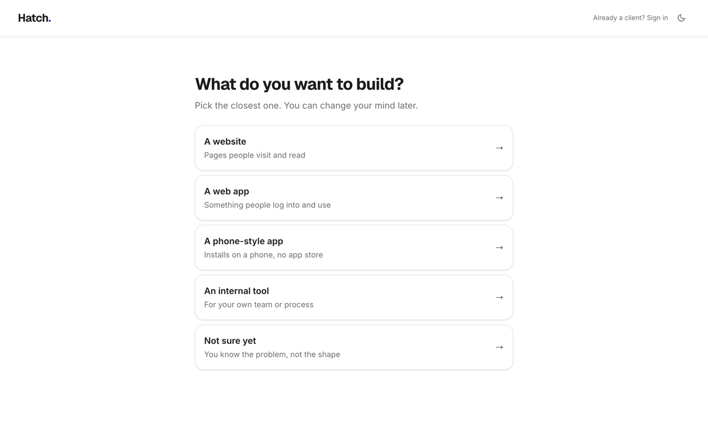 Hatch onboarding, client intake flow