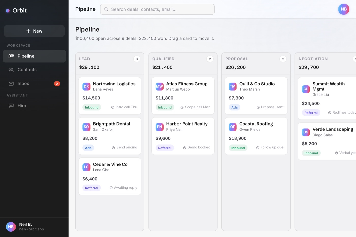 Orbit CRM, deal pipeline with drag and drop