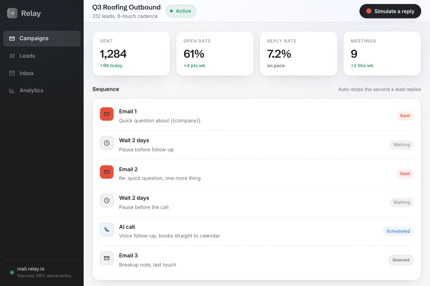Relay cold email, campaign sequence and analytics