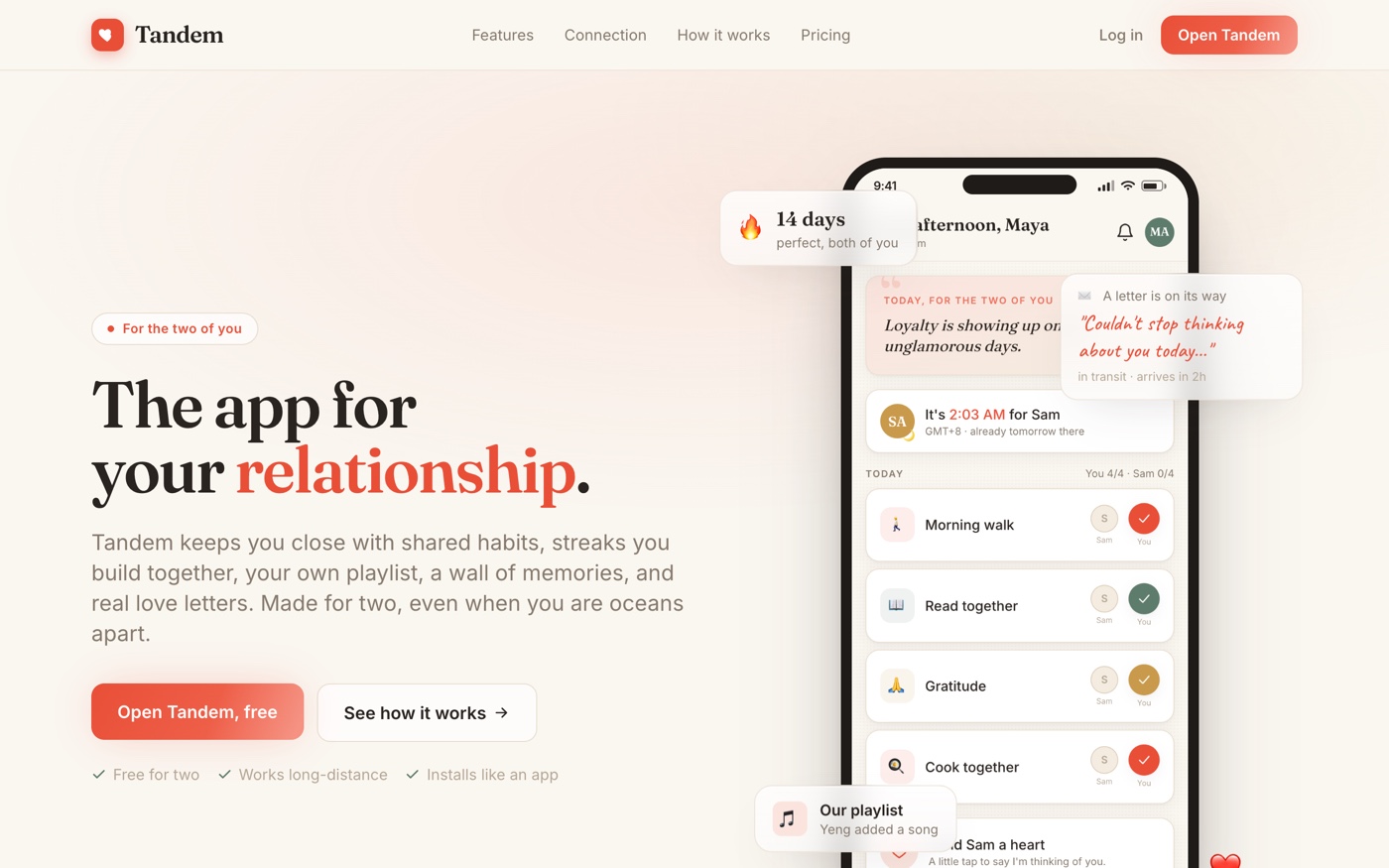 Tandem, couples app landing page