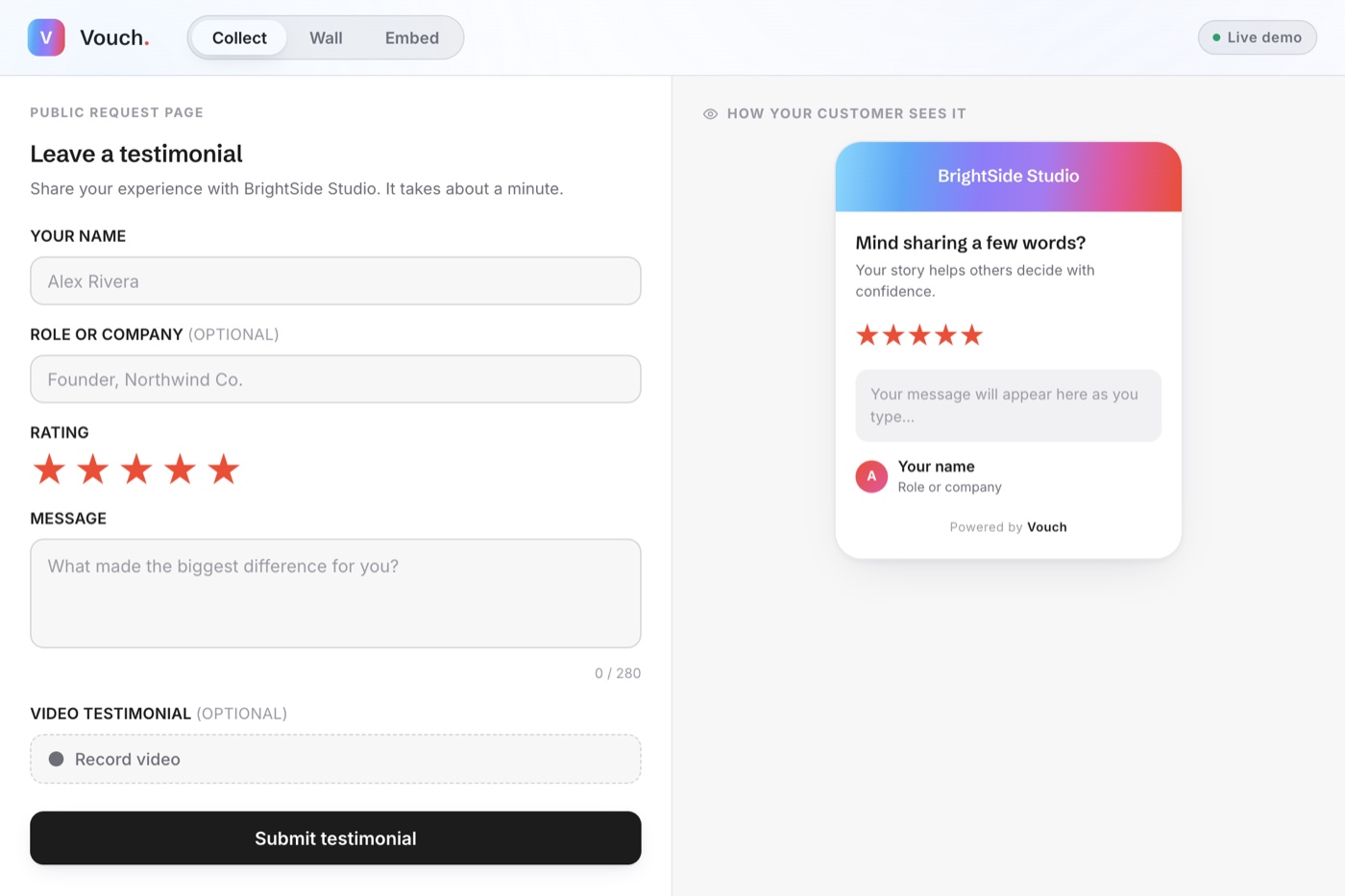 Vouch, testimonial collection and Wall of Love